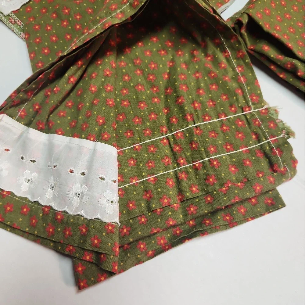 Handmade 1970s Green Red Flower Kitchen Window Curtain Set Cottage Farmhouse VTG